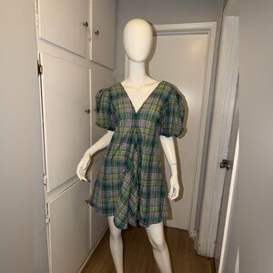 GANNI Seersucker Check V-Neck Mini Dress size 32
